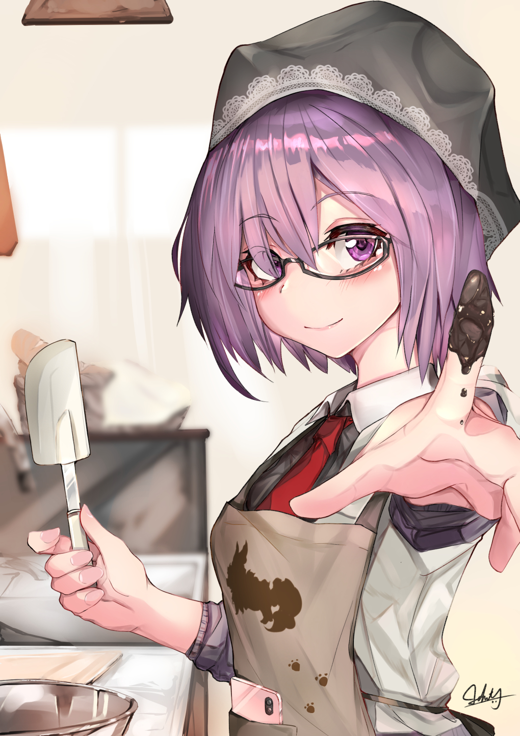 1girl apron bangs blush breasts chocolate chocolate_on_fingers commentary_request eyebrows_visible_through_hair fate/grand_order fate_(series) fou_(fate/grand_order) from_side hair_over_one_eye highres indoors jjjehuty kitchen looking_at_viewer mash_kyrielight medium_breasts necktie pink_apron purple_hair red_neckwear short_hair signature sketch smile solo valentine violet_eyes