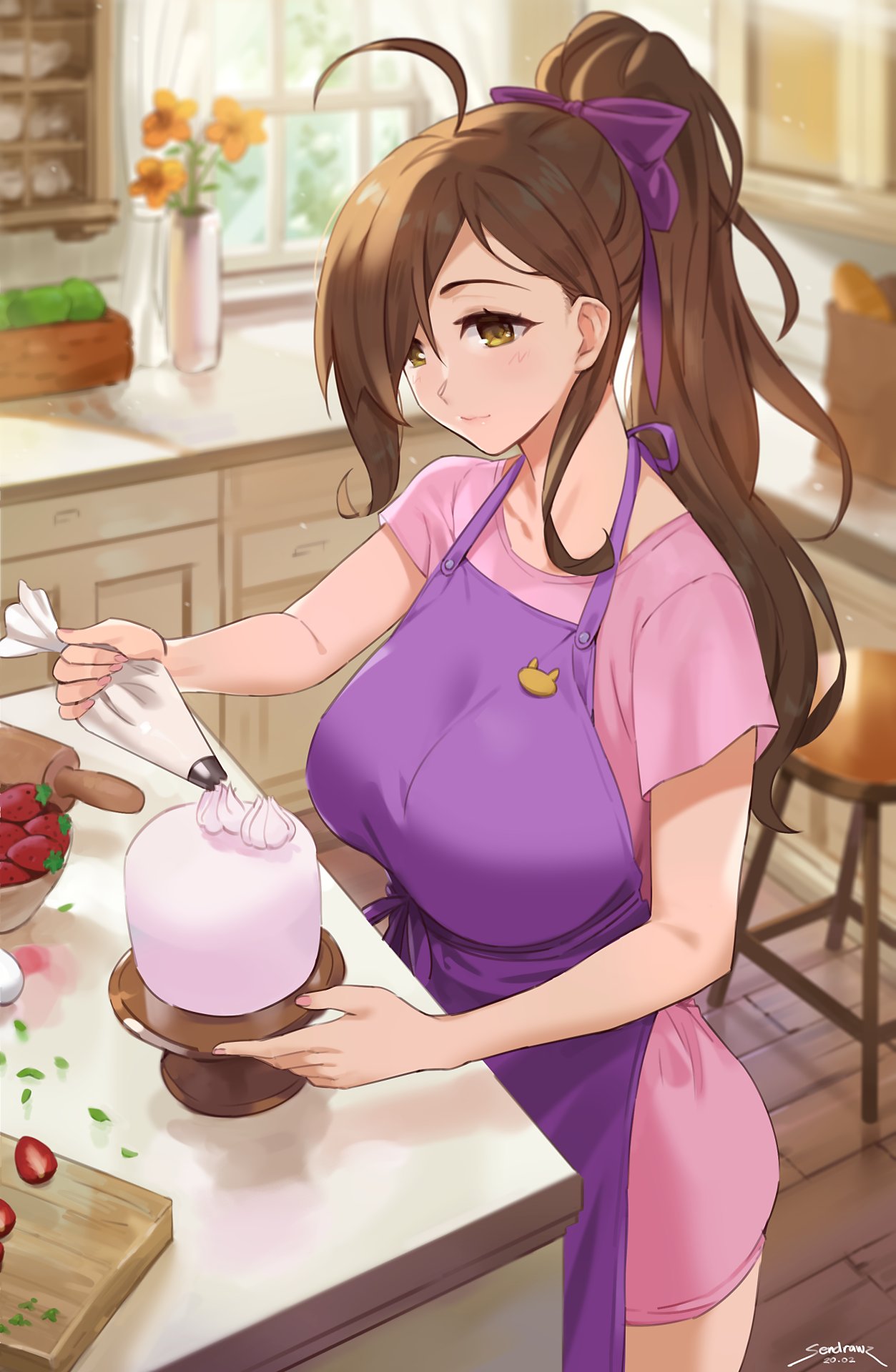 1girl ahoge alternate_costume apron baking blurry bread breasts brown_eyes brown_hair cabinet cake cake_stand closed_mouth counter curtains cutting_board day depth_of_field dress english_commentary flower food from_above fruit hair_over_one_eye high_ponytail highres icing indoors kitchen kono_subarashii_sekai_ni_shukufuku_wo! large_breasts light_smile long_hair no_pants oversized_clothes oversized_shirt pastry_bag pink_dress pink_shirt ponytail purple_apron rolling_pin sendrawz shirt short_sleeves stool strawberry table valentine vase window wiz_(konosuba) wooden_floor