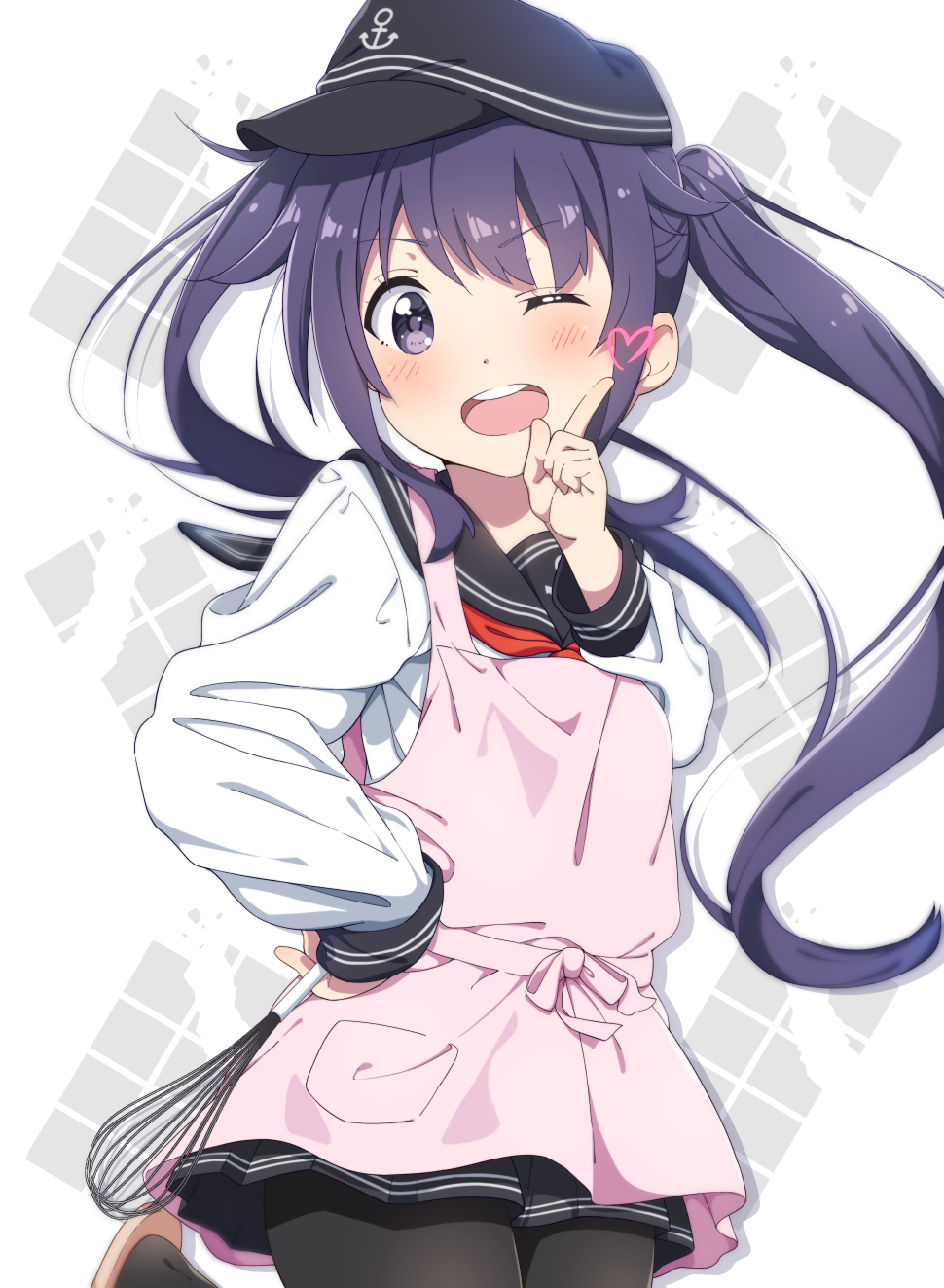 1girl akatsuki_(kantai_collection) alternate_hairstyle anchor_symbol apron black_headwear black_legwear black_sailor_collar black_skirt commentary_request eyebrows_visible_through_hair flat_cap hat heart highres index_finger_raised jabittoson kantai_collection long_hair long_sleeves neckerchief one_eye_closed open_mouth pantyhose pink_apron pleated_skirt purple_hair red_neckwear sailor_collar school_uniform serafuku skirt smile solo twintails valentine violet_eyes