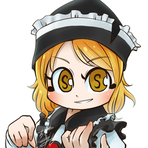 1girl avatar_icon black_headwear black_vest blonde_hair chamaji commentary_request eyebrows_visible_through_hair frilled_hat frilled_vest frills hat long_sleeves looking_at_viewer lowres lunasa_prismriver musical_note shirt short_hair signature simple_background smile solo touhou upper_body vest white_shirt