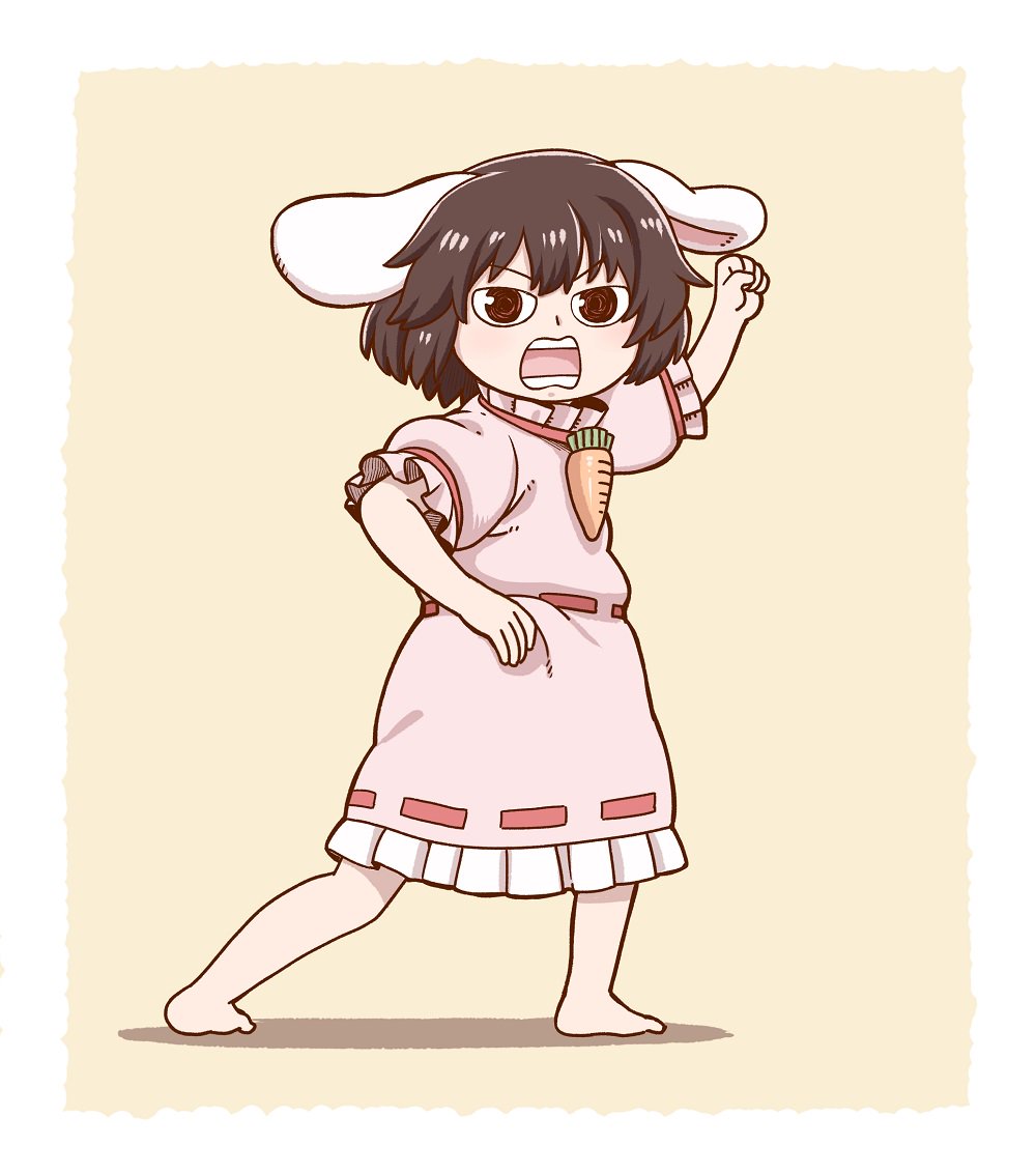 1girl @_@ animal_ears barefoot brown_hair carrot_necklace commentary dress full_body inaba_tewi looking_at_viewer looking_back open_mouth pink_background pink_dress poronegi puffy_short_sleeves puffy_sleeves rabbit_ears short_hair short_sleeves simple_background solo standing touhou