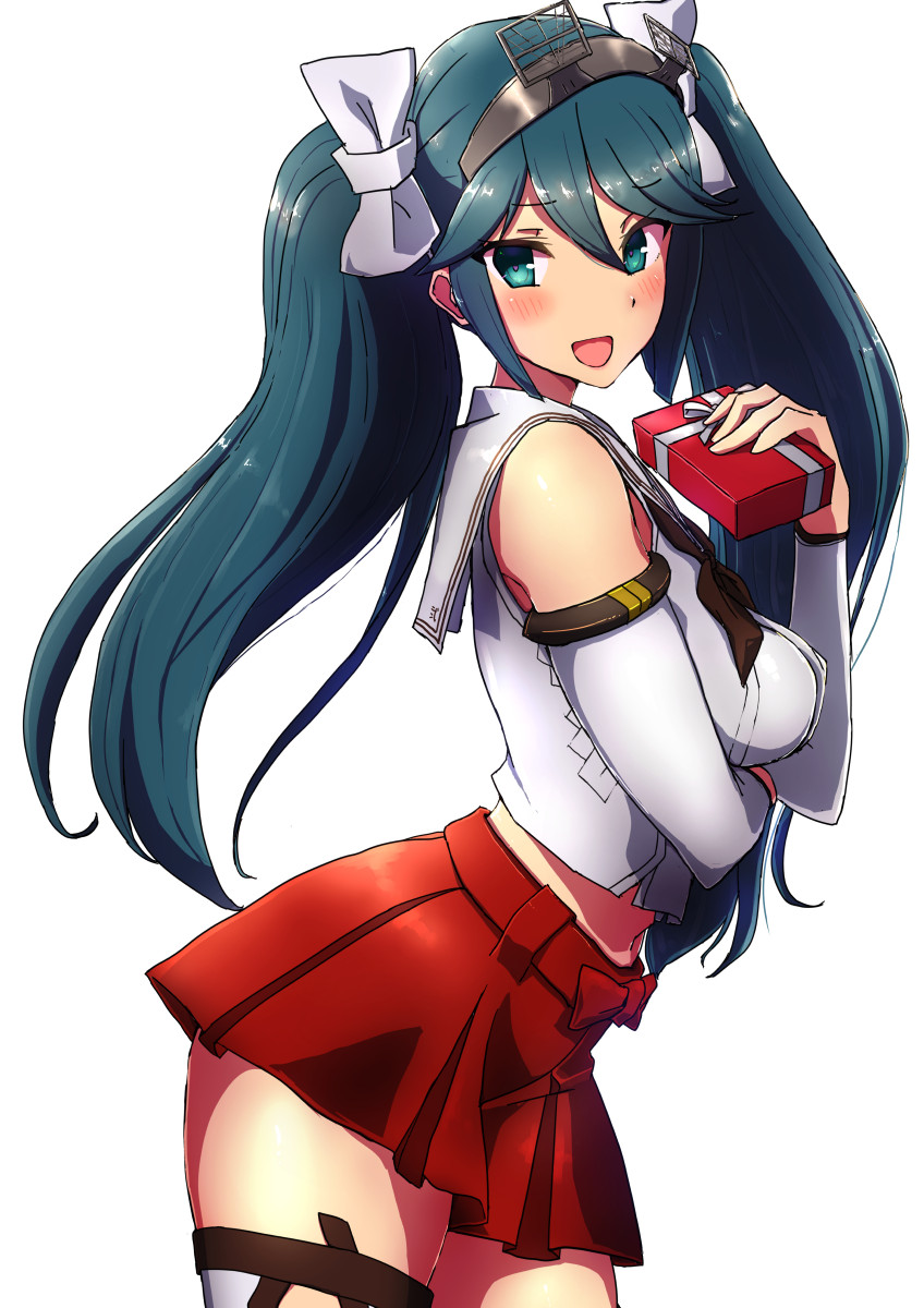 1girl arm_under_breasts bangs blue_hair blush box breasts comala_(komma_la) detached_sleeves eyebrows_visible_through_hair gift gift_box hair_ribbon headgear highres holding isuzu_(kantai_collection) kantai_collection large_breasts long_hair open_mouth red_skirt ribbon sailor_collar simple_background skirt solo twintails valentine white_background white_sailor_collar