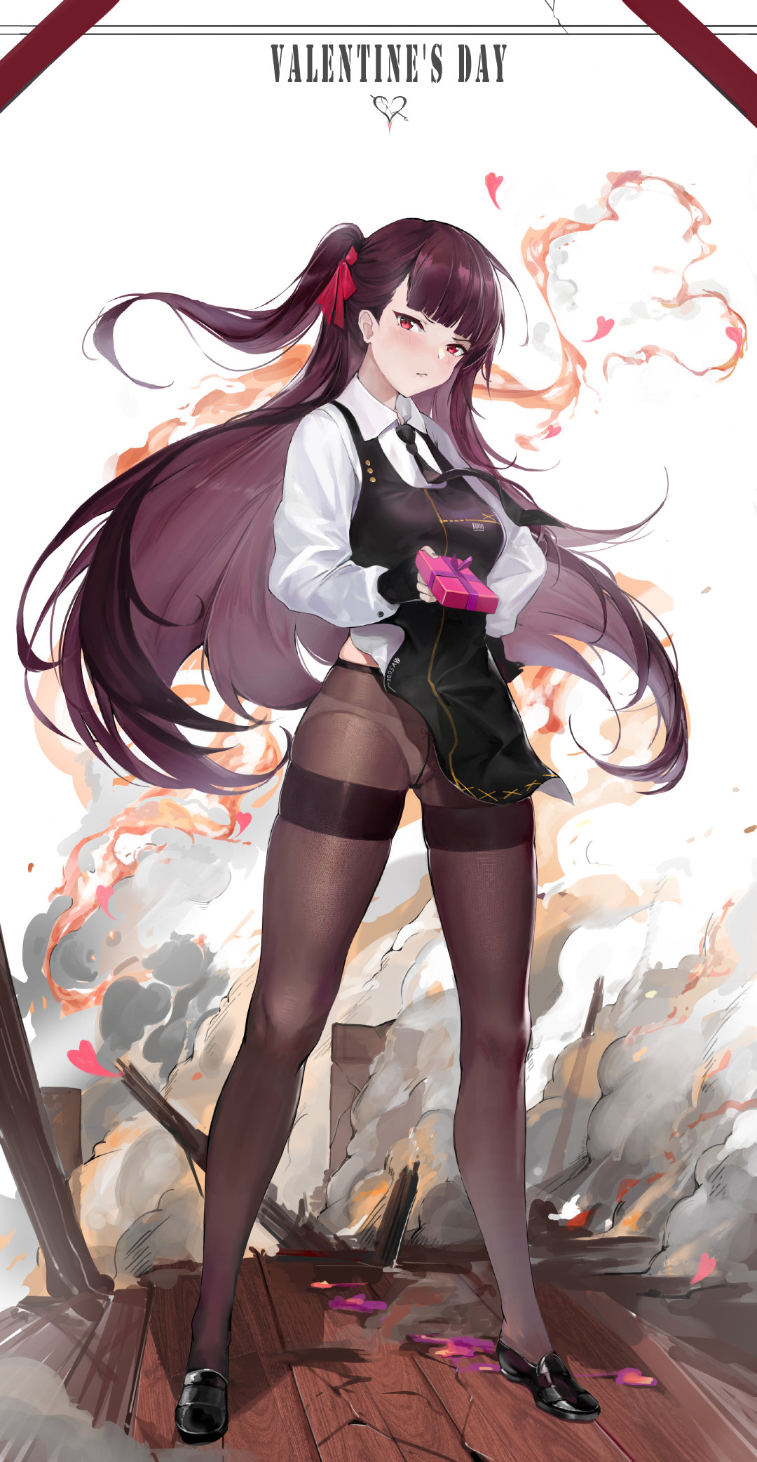 1girl apron bangs black_gloves blunt_bangs box breasts crotch_seam fingerless_gloves full_body gift gift_box girls_frontline gloves guernical hand_on_hip highres loafers long_hair long_sleeves medium_breasts necktie one_side_up panties panties_under_pantyhose pantyhose purple_hair red_eyes shoes solo standing thighband_pantyhose underwear very_long_hair wa2000_(girls_frontline)