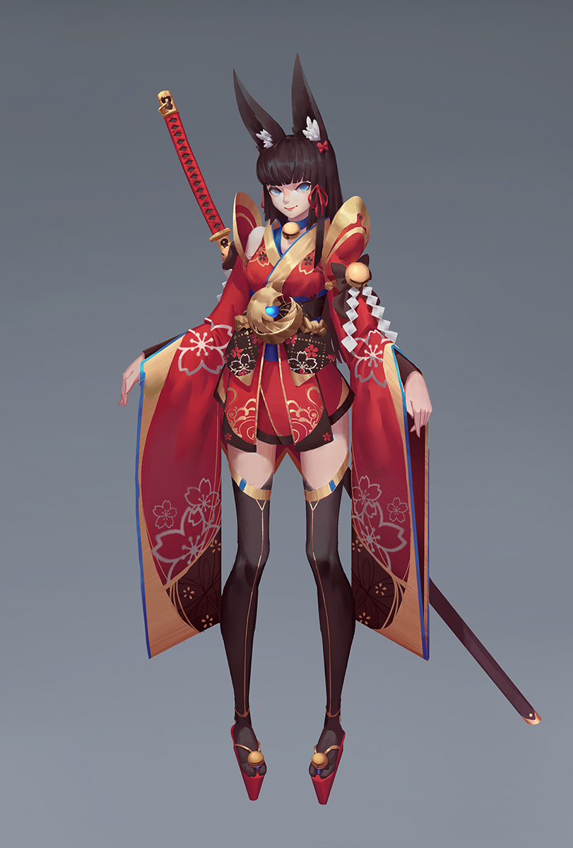 1girl animal_ear_fluff animal_ears bare_shoulders bell black_legwear blue_eyes closed_mouth floral_print fox_ears gradient gradient_background hair_ribbon highres long_sleeves ootachi original red_ribbon ribbon scabbard sheath sheathed smile solo standing sunligh_mao sword thigh-highs weapon weapon_on_back