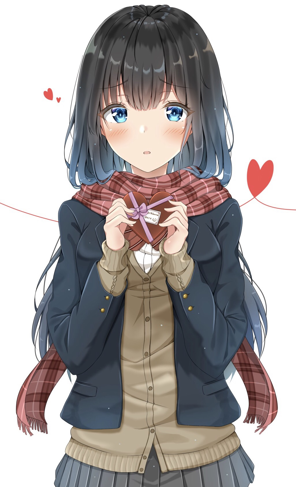 1girl bangs black_hair black_jacket blue_eyes blush breasts brown_cardigan brown_skirt cardigan chocolate commentary commentary_request cowboy_shot eyebrows_visible_through_hair gift grey_skirt heart heart_print highres holding holding_gift jacket large_breasts long_hair looking_at_viewer open_mouth original plaid plaid_scarf pleated_skirt red_ribbon red_scarf ribbon scarf school_uniform shirt simple_background skirt solo standing sunsun2812 uniform valentine white_background white_shirt