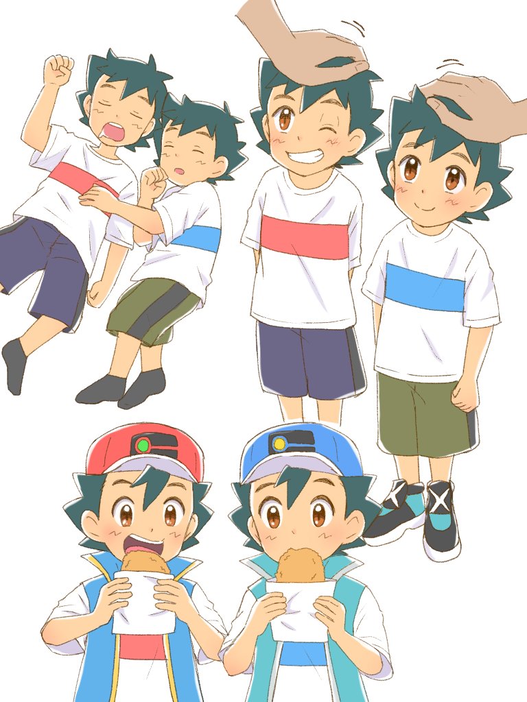 2boys artist_request ash_ketchum blue_stripes child clone eating food headpat holding holding_food looking_at_viewer multiple_boys pokemon red_stripes siblings twins