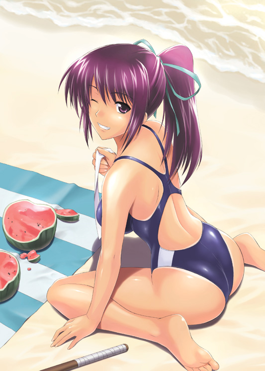 1girl ass back beach blanket breasts competition_swimsuit female food fruit grin hair_ribbon ishigaki_takashi large_breasts looking_back one-piece_swimsuit one_eye_closed ponytail purple_eyes purple_hair ribbon ribbons sitting smile solo suikawari swimsuit tan tanline teeth violet_eyes wariza watermelon wink