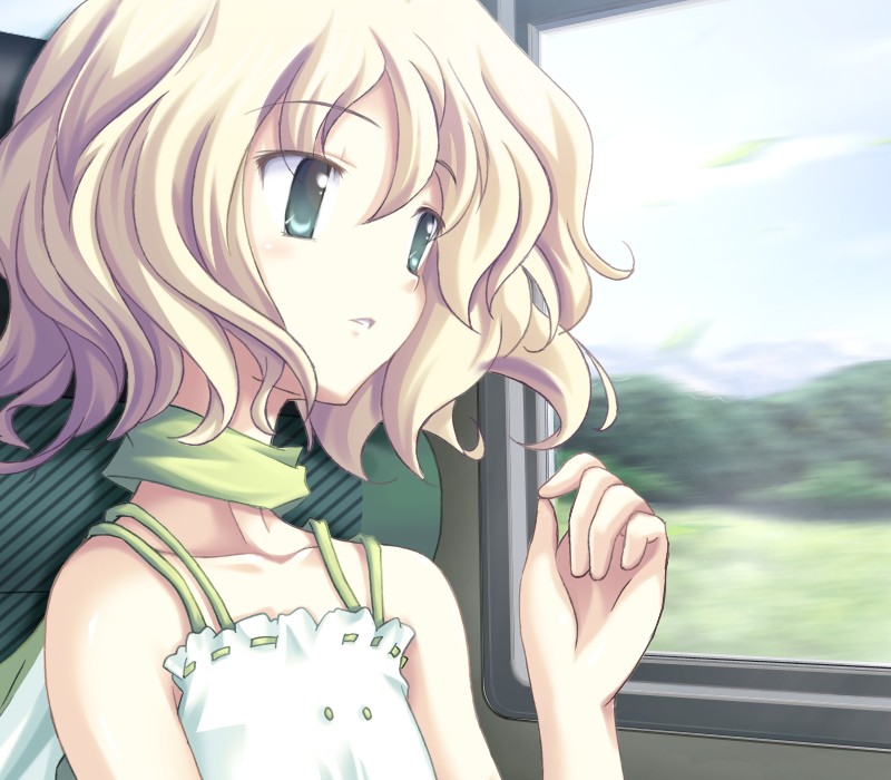 belle_(katahane) blonde_hair camisole fue_(tsuzuku) game_cg green_eyes katahane scarf short_hair train train_interior window