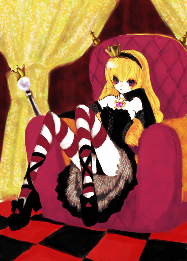 bad_id bare_shoulders blonde_hair crown detached_sleeves dress elbow_gloves flat_color gloves gothic gothic_lolita hairband hat lolita_fashion long_hair no_lineart pale_skin panties platform_footwear purple_eyes scepter shoe_ribbon shoes sitting skirt staff striped striped_legwear thigh-highs thighhighs underwear violet_eyes