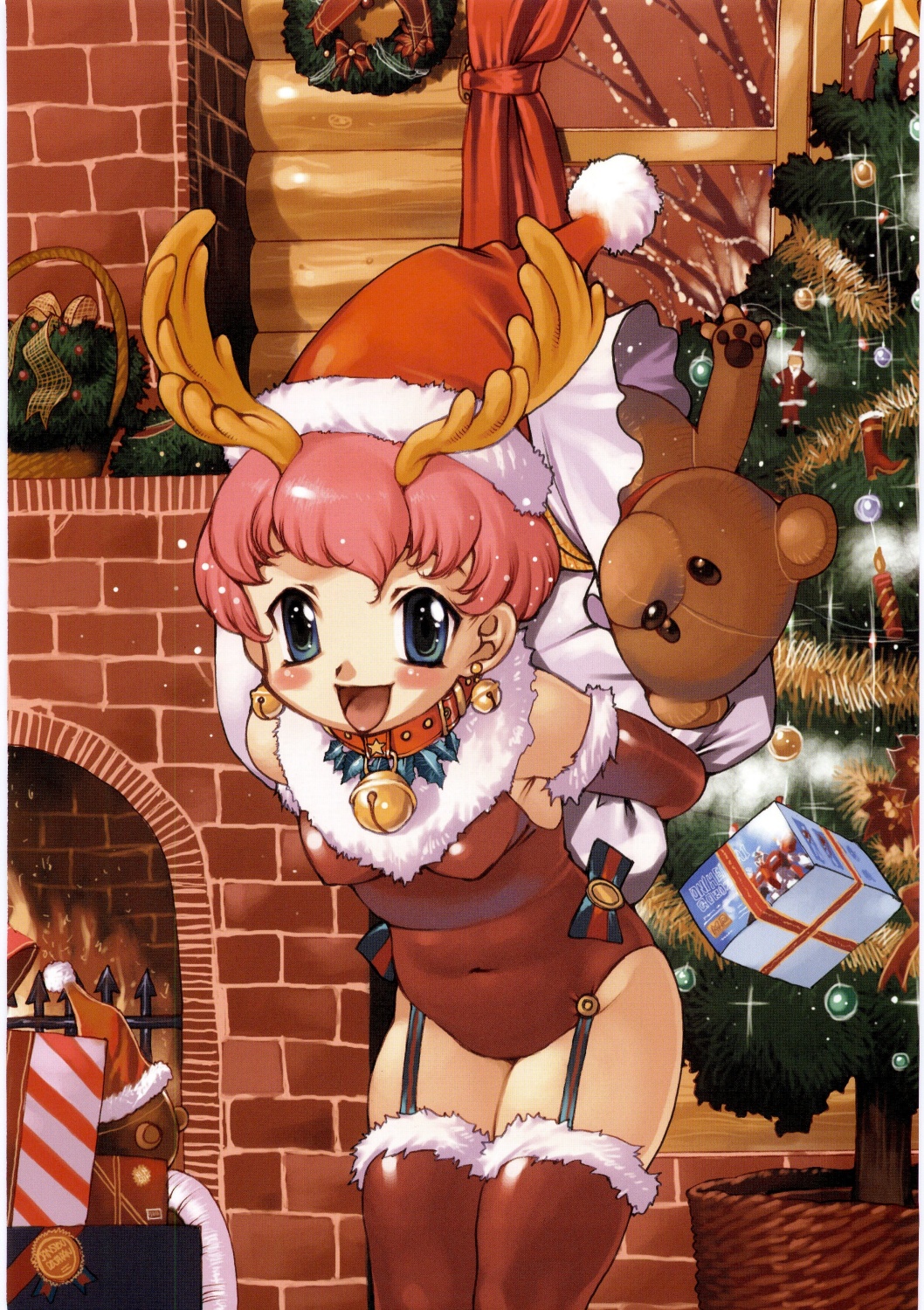 christmas_tree hat highres nishi_iori reindeer santa_hat stuffed_animal stuffed_toy teddy_bear thighhighs