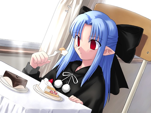 640x480 blue_hair chair eating food fork game_cg len long_hair melty_blood pastry pointy_ears red_eyes ren sitting sunlight table tsukihime type-moon wallpaper window