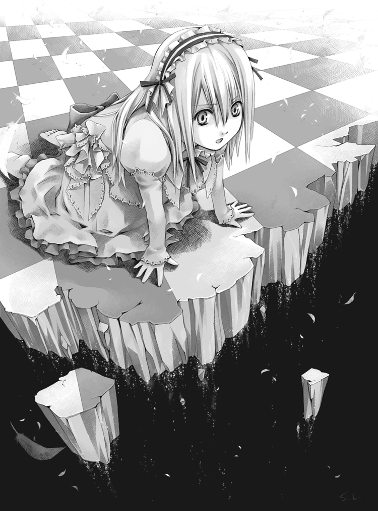 alice american_mc_gee_alice barefoot checkered checkered_floor dress feathers gothic_lolita hairband kneeling lolita_fashion long_sleeves monochrome mou-s ribbon ribbons sleeves_past_wrists