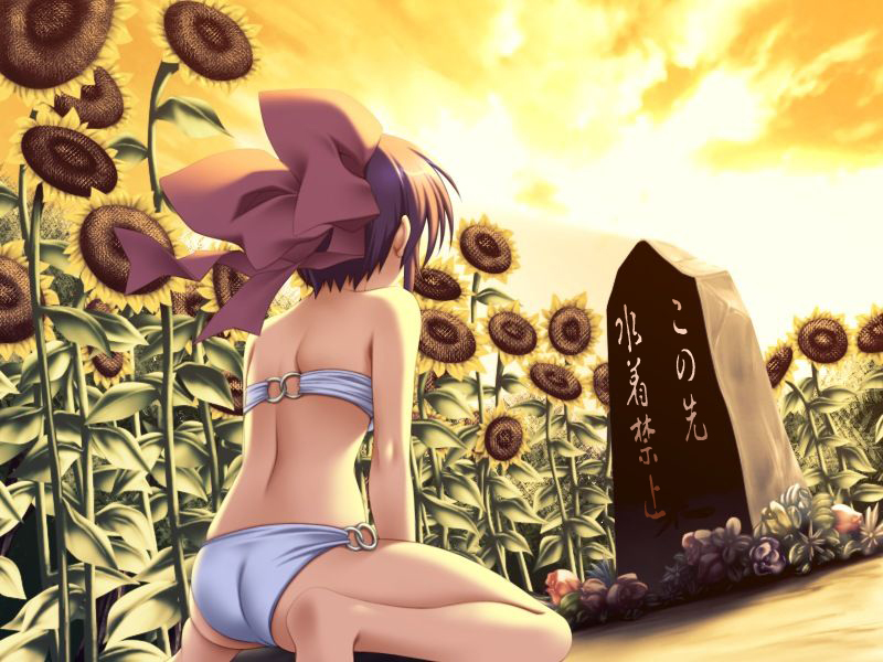 back bandeau barefoot bikini bow cloud flower from_behind game_cg hair_bow kneeling leaf mikage_sakuya milkyway milkyway_3 o-ring_bikini o-ring_bottom o-ring_top on_ground outdoors payot purple_hair ribbon ribbons rose senomoto_hisashi short_hair sky soles solo spread_legs stone_marker sunflower sunset swimsuit translated white_bikini