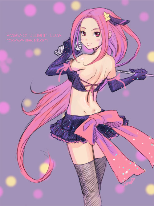 bow dimples_of_venus elbow_gloves gloves hair_ornament long_hair looking_back lucia microphone midriff music official_art pangya pink_hair red_eyes seed_(artist) skirt smile thigh-highs thighhighs