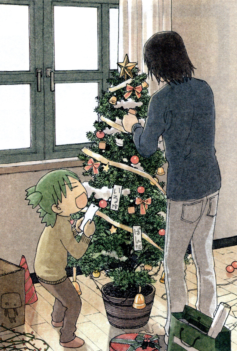 child christmas father_and_daughter green_hair koiwai_yotsuba mr_koiwai official_art quad_tails smile yotsubato!