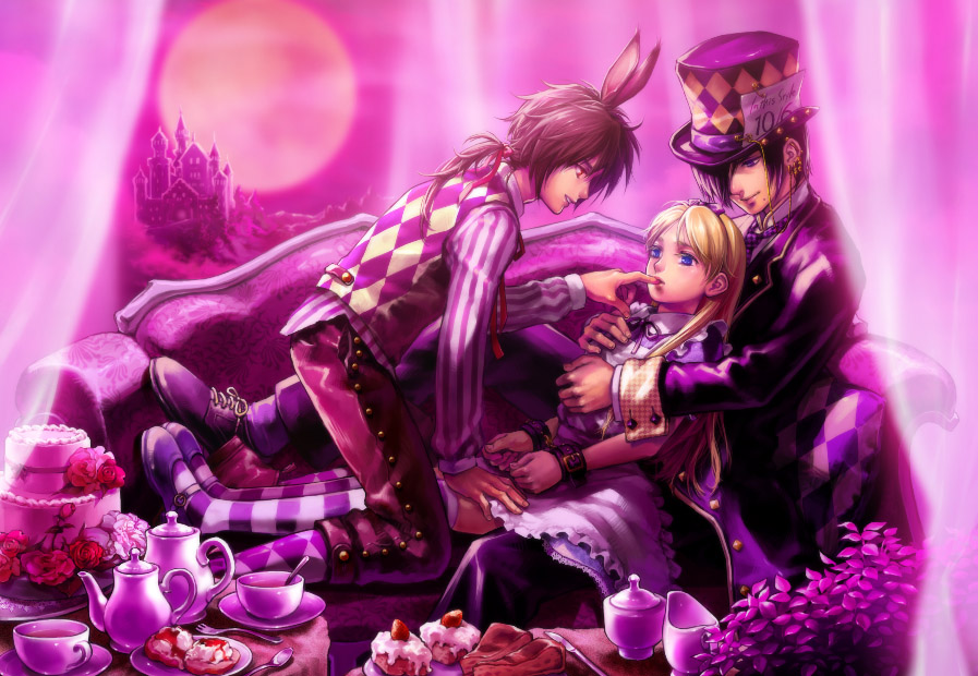 alice alice_in_wonderland animal_ears black_hair blonde_hair blue_eyes brown_hair bunny_ears cake castle couch cuffs dress flat_chest flower food full_moon handcuffs hat hold holding mad_hatter march_hare moon night pastry rabbit_ears red_eyes red_moon rose stockings striped striped_legwear striped_thighhighs tea tetsukuzu_tetsuko the_mad_hatter the_march_hare thigh-highs thighhighs top_hat