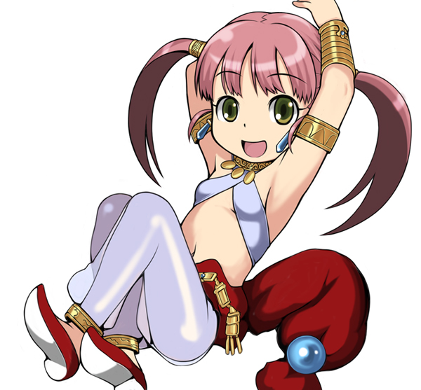 anklet armlet armpits bangs bard_(sekaiju) belt bracelet child choker crop_top crossed_legs e10 earrings etrian_odyssey flat_chest gem jewelry long_hair looking_at_viewer looking_back midriff navel open_mouth pants pink_hair profile reclining see-through sekaiju_no_meikyuu shoes simple_background sitting smile solo troubadour_(etrian) twintails yellow_eyes