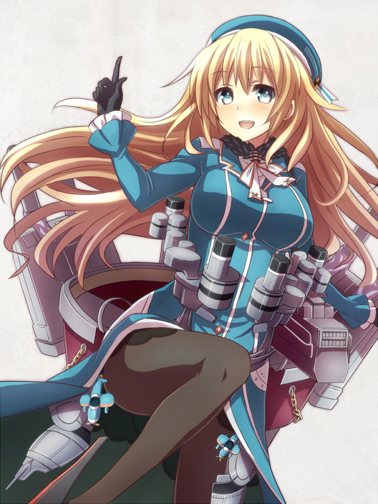 1girl atago_(kantai_collection) black_gloves black_legwear blonde_hair blue_eyes blush breasts cannon gloves hat kantai_collection large_breasts leg_up long_hair military military_jacket military_uniform open_mouth pantyhose personification smile solo turret uniform