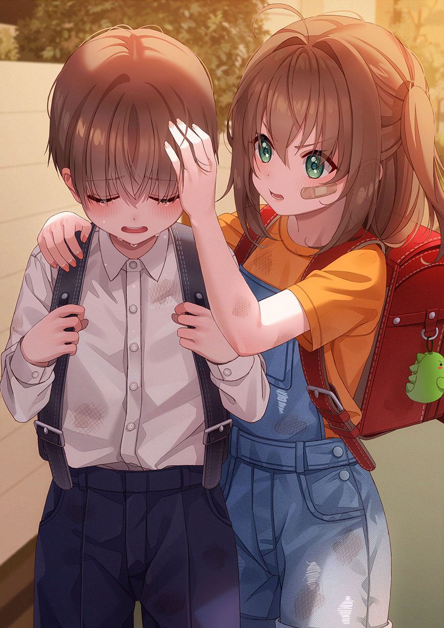 1boy 1girl backpack bag bag_charm bandaid bandaid_on_face black_pants blue_pants brown_hair charm_(object) crying denim dirty_clothes green_eyes highres je35353577 long_hair original outdoors overalls pants randoseru school_uniform shirt student sunset white_shirt