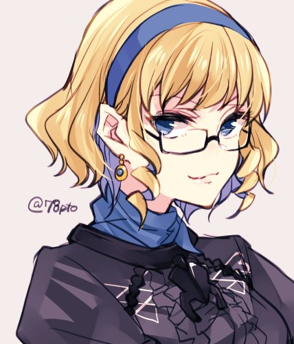 1girl blonde_hair blue_eyes blue_hairband closed_mouth constance_von_nuvelle earrings fire_emblem fire_emblem:_three_houses glasses grey_background hairband jewelry lowres multicolored_hair naho_(pi988y) purple_hair short_hair simple_background solo twitter_username upper_body