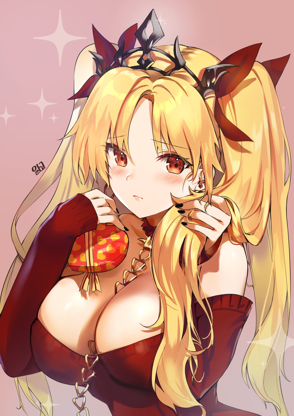 1girl alraco bangs blonde_hair blush box breasts ereshkigal_(fate/grand_order) fate/grand_order fate_(series) gift gift_box heart-shaped_box highres holding holding_gift long_hair looking_at_viewer parted_bangs red_eyes solo tiara two_side_up valentine
