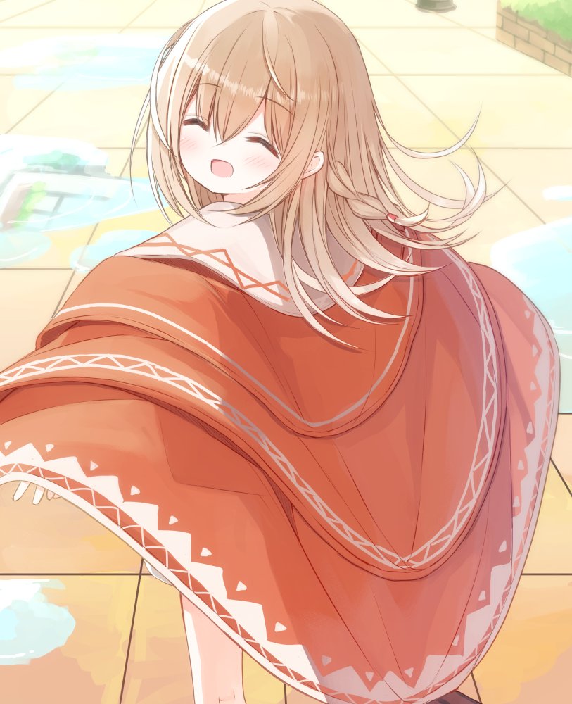 1girl :d bangs blush braid brown_cloak cloak closed_eyes commentary_request day eyebrows_visible_through_hair facing_viewer hair_between_eyes layered_clothing light_brown_hair long_hair open_mouth original outdoors puddle reflection smile solo standing water yuuhagi_(amaretto-no-natsu)