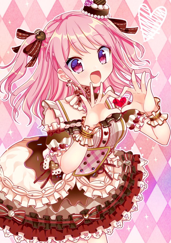 1girl :d alternate_hairstyle argyle argyle_background bang_dream! bangs bow commentary_request detached_collar detached_sleeves dress earrings frilled_cuffs frilled_dress frilled_shirt_collar frilled_sleeves frills hair_ornament hair_ribbon hat heart heart_hair_ornament heart_hands jewelry lolita_fashion long_hair looking_at_viewer maruyama_aya mini_hat mio_(melchi) open_mouth outline overskirt pearl_(gemstone) pink_background pink_eyes pink_hair ribbon short_sleeves smile solo sparkle two_side_up white_outline wrist_cuffs