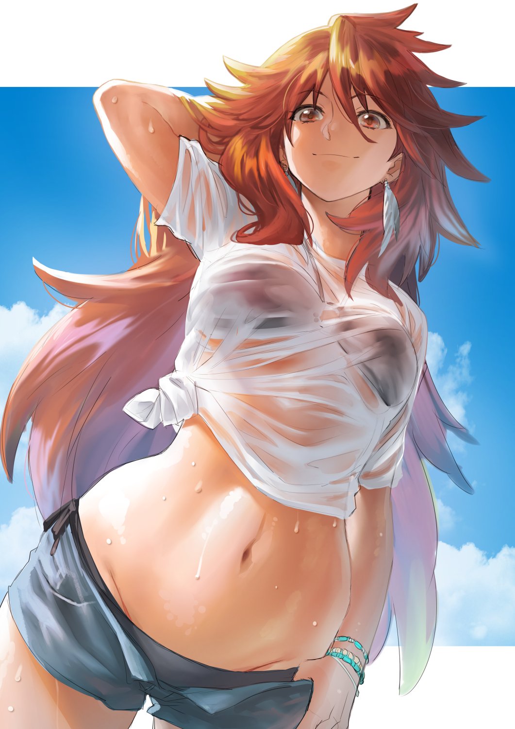 1girl amou_kanade black_hair blue_sky border breasts brown_eyes brown_hair clouds earrings feather_earrings groin hand_in_hair highres jewelry letterboxed long_hair medium_breasts murakami_hisashi navel outside_border senki_zesshou_symphogear shirt shorts sky smile solo swimsuit swimsuit_under_clothes tied_shirt wet white_border