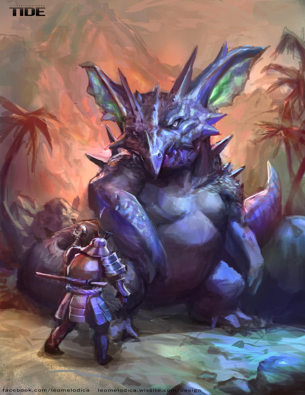 1boy armor commentary creature eye_contact gen_1_pokemon highres horns legs_apart leomelodica looking_at_another male_focus nidoking original outdoors palm_tree pokemon pokemon_(creature) realistic rock samurai sheath sheathed size_difference standing sword tree weapon