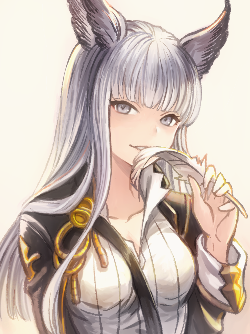 1girl animal_ears black_jacket feathers frontier_town granblue_fantasy grey_eyes highres jacket korwa long_hair shirt simple_background strap white_background white_hair white_shirt