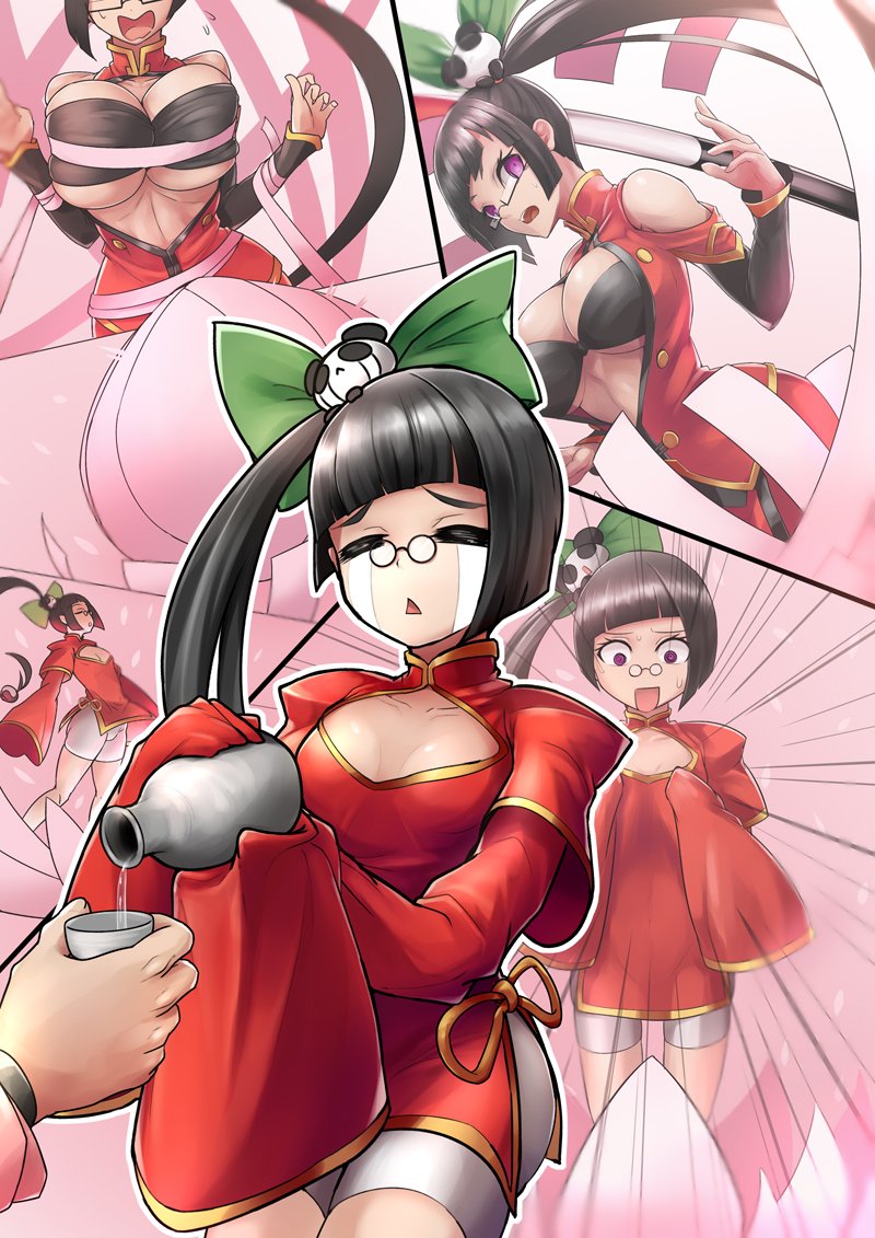 1girl age_regression alcohol bandeau bangs bare_shoulders black_hair blazblue bound bow breasts china_dress chinese_clothes collarbone cowboy_shot crying dress hair_bow lao_jiu large_breasts litchi_faye_ling long_hair multiple_views open_mouth pouring restrained ribbon ribbon_bondage sake semi-rimless_eyewear side_ponytail sleeves_past_wrists sowel_(sk3) streaming_tears surprised tears triangle_mouth under-rim_eyewear very_long_hair violet_eyes younger