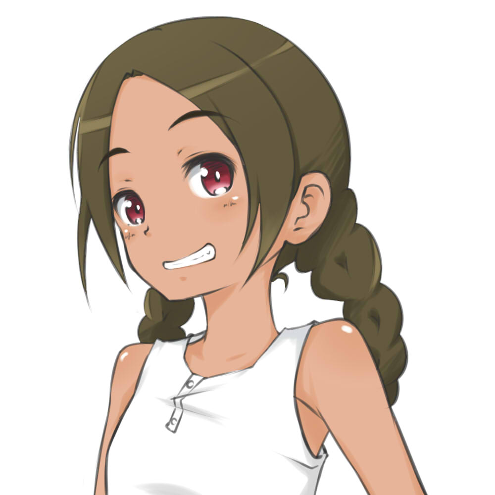 1girl abenobashi_mahou_shoutengai asahina_arumi blush braid brown_eyes brown_hair commentary_request dress long_hair looking_at_viewer riruhasu_(sesu_n) simple_background smile solo tan twin_braids white_background