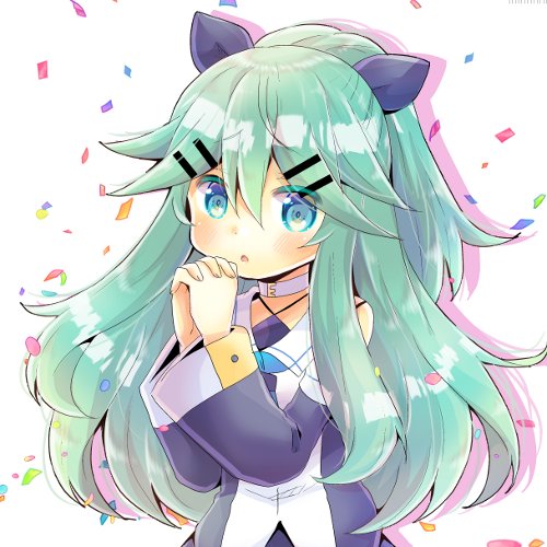 1girl :o bangs black_ribbon black_shirt black_sleeves blue_eyes blush colored_shadow commentary_request confetti detached_sleeves drop_shadow eyebrows_visible_through_hair green_hair hair_between_eyes hair_ornament hair_ribbon hairclip hands_clasped hands_together hands_up interlocked_fingers kantai_collection kouu_hiyoyo long_hair long_sleeves looking_at_viewer lowres own_hands_together parted_lips ponytail ribbon shadow shirt sleeveless sleeveless_shirt solo upper_body very_long_hair white_background wide_sleeves yamakaze_(kantai_collection)