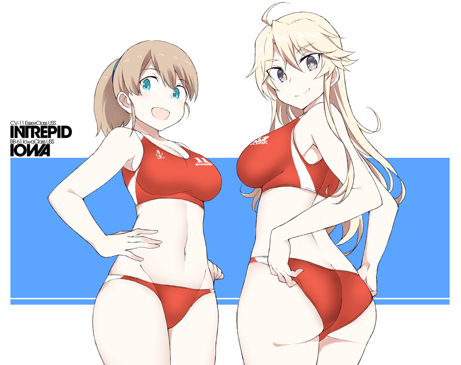 2girls alternate_costume anchor_print ass bangs bare_arms bare_shoulders bikini blonde_hair blue_eyes blush breasts brown_hair commentary_request cowboy_shot eyebrows_visible_through_hair grey_eyes groin hands_on_hips intrepid_(kantai_collection) iowa_(kantai_collection) kantai_collection large_breasts long_hair looking_at_viewer multiple_girls navel open_mouth ponytail red_bikini short_hair simple_background smile souji sports_bikini sportswear star star-shaped_pupils swimsuit symbol-shaped_pupils