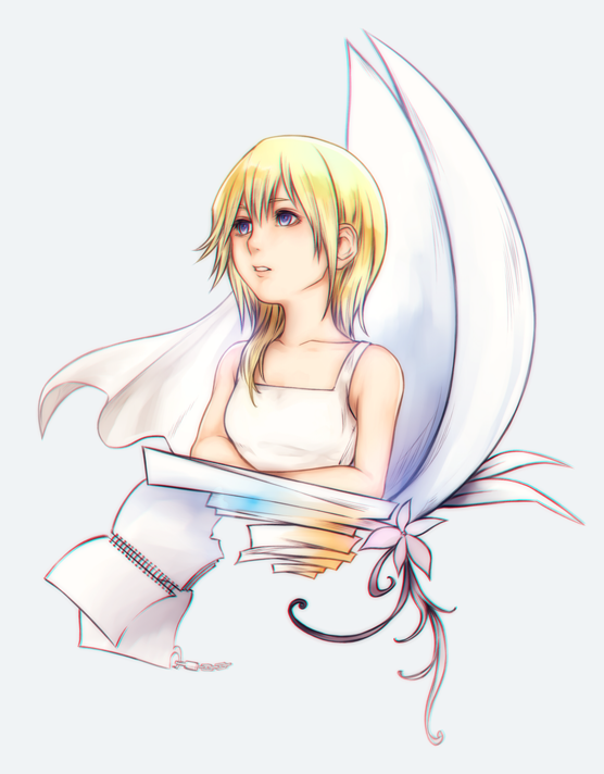 1girl blonde_hair blue_eyes breasts dress kingdom_hearts kingdom_hearts_chain_of_memories medium_hair mim_(mimya0600) namine solo white_dress