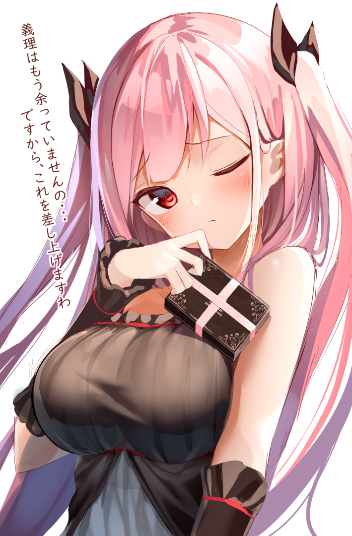 1girl ;/ arm_warmers bangs bare_shoulders black_bow black_dress blush bow box breasts closed_mouth commentary_request dress eyebrows_visible_through_hair gift gift_box hair_bow holding holding_gift kurotobi_rarumu large_breasts long_hair looking_at_viewer one_eye_closed original pink_hair red_eyes simple_background sleeveless sleeveless_dress solo translation_request two_side_up upper_body valentine very_long_hair white_background
