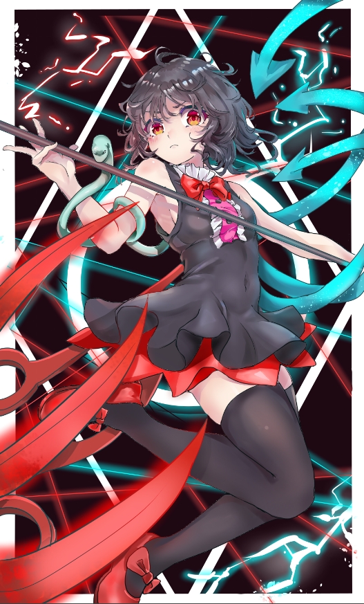 1girl armpits asymmetrical_wings black_dress black_hair black_legwear bow bowtie breasts collar covered_navel dress electricity frilled_collar frills frown full_body hirasawagitai houjuu_nue looking_at_viewer polearm red_eyes red_footwear red_neckwear shoes short_dress short_hair sleeveless small_breasts snake solo thigh-highs touhou wavy_hair weapon wings zettai_ryouiki