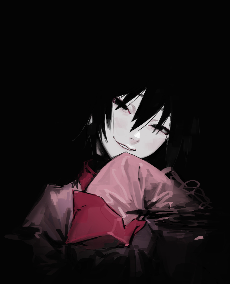 1girl black_background black_eyes black_hair blank_eyes blending dark head_tilt jacket looking_at_viewer monogatari_(series) oshino_ougi pale_skin parted_lips pink_jacket simple_background sleeves_past_fingers sleeves_past_wrists smile solo uomi_(eqtjc) upper_body