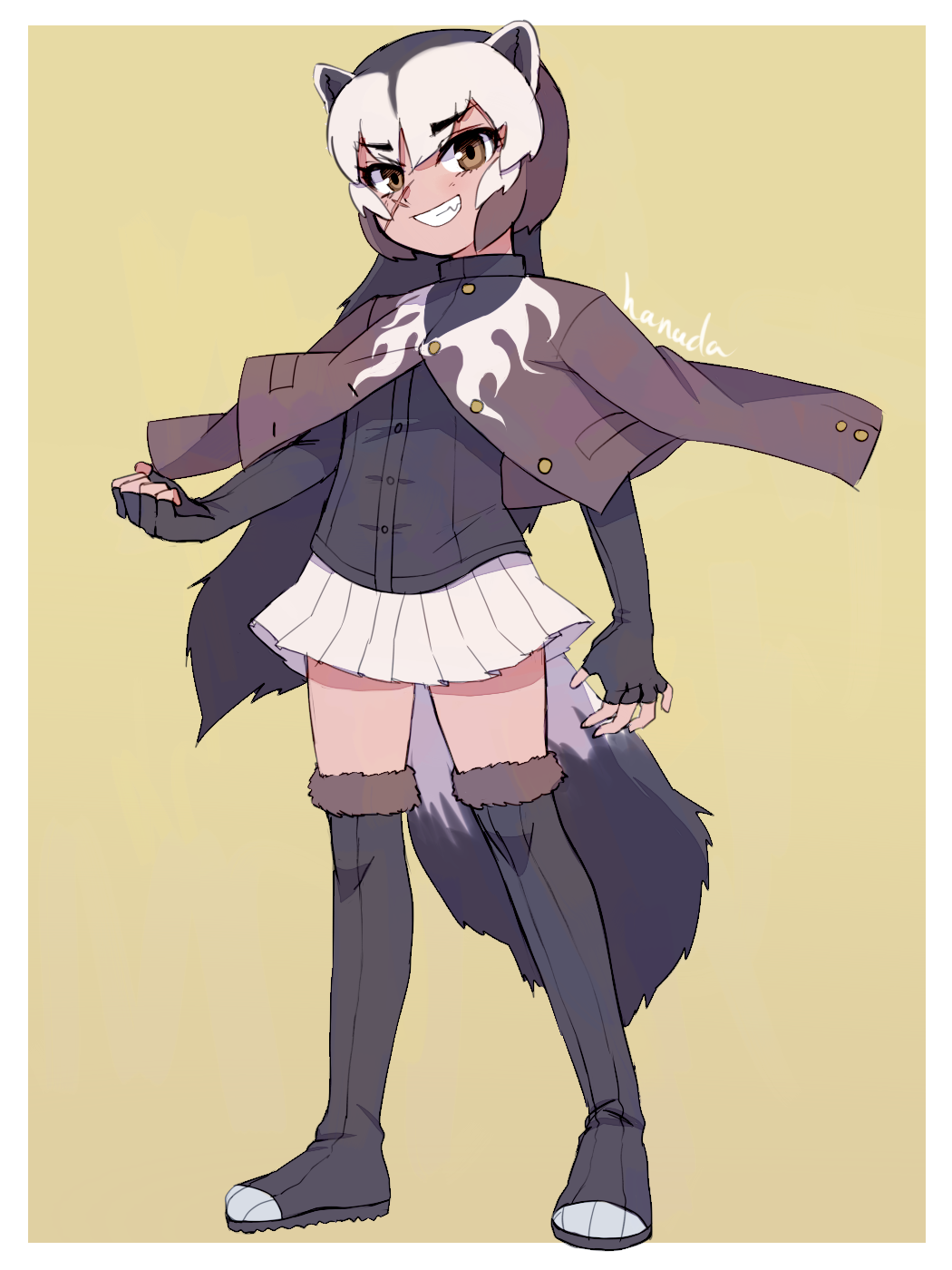 1girl animal_ears artist_name bangs black_gloves black_hair boots brown_eyes brown_hair clenched_hand elbow_gloves eyebrows_visible_through_hair facial_scar fang fingerless_gloves full_body fur-trimmed_boots fur_trim gloves grin hanada_(cobalt003) highres jacket_on_shoulders kemono_friends long_hair multicolored_hair pleated_skirt scar simple_background skirt smile solo teeth thigh-highs thigh_boots very_long_hair white_hair white_skirt wolverine_(kemono_friends) yellow_background zettai_ryouiki