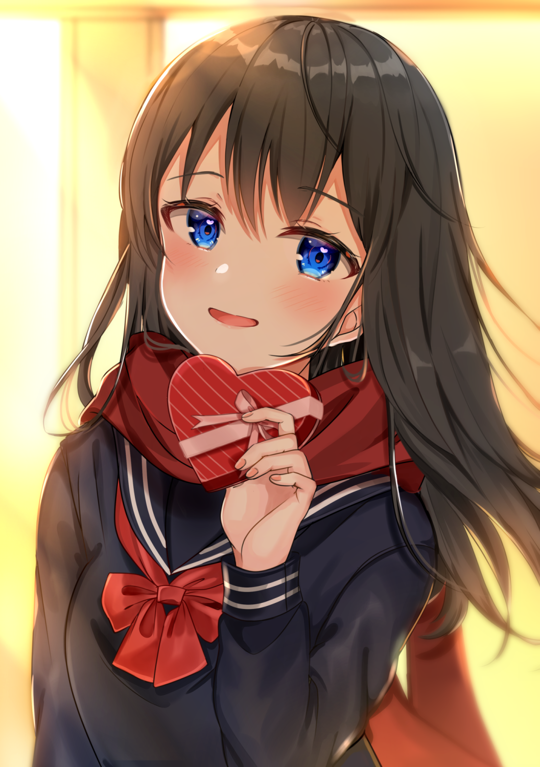 1girl :d backlighting bangs black_hair black_sailor_collar black_shirt blue_eyes blurry blurry_background blush bow box breasts commentary_request depth_of_field eyebrows_visible_through_hair gift gift_box hair_between_eyes hand_up heart heart-shaped_box heart_in_eye highres holding holding_gift katsushika_pachi long_hair long_sleeves looking_at_viewer open_mouth original pink_bow red_bow red_scarf sailor_collar scarf school_uniform serafuku shirt small_breasts smile solo symbol_in_eye upper_body valentine very_long_hair