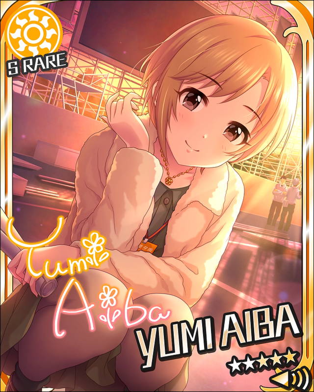 aiba_yumi blush brown_eyes brown_hair character_name idolmaster idolmaster_cinderella_girls jacket short_hair smile