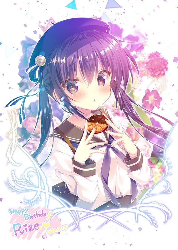 1girl blush character_name closed_mouth dated eyebrows_visible_through_hair gochuumon_wa_usagi_desu_ka? happy_birthday long_hair long_sleeves looking_at_viewer mitsumomo_mamu neckerchief purple_hair purple_neckwear solo tedeza_rize twintails upper_body violet_eyes