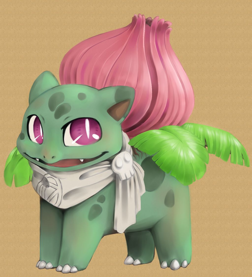 brown_background commentary creature english_commentary full_body gen_1_pokemon ivysaur madcookiefighter no_humans pink_eyes pokemon pokemon_(creature) scarf simple_background solo standing white_scarf