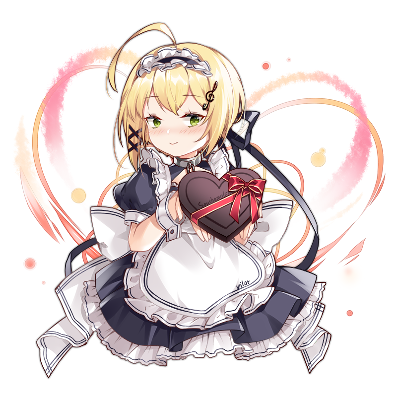 1girl ahoge alternate_costume apron artist_name azur_lane bangs black_ribbon blonde_hair blush candy character_name chocolate chocolate_heart closed_mouth commentary_request enmaided food frilled_apron frills green_eyes hair_ornament hair_ribbon heart looking_at_viewer maid maid_apron maid_headdress musical_note_hair_ornament petticoat puffy_short_sleeves puffy_sleeves red_ribbon ribbon short_hair short_sleeves sidelocks signature smile solo southampton_(azur_lane) upper_body valentine vilor wrist_cuffs x_hair_ornament