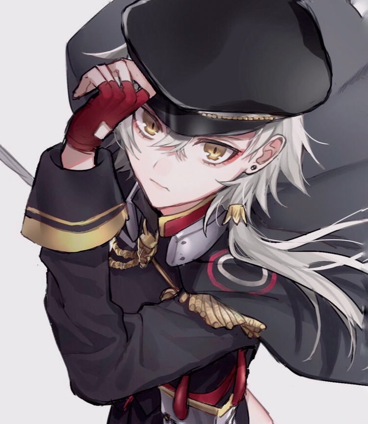 1girl azur_lane bangs black_cape cape closed_mouth crossed_bangs dutch_angle earrings epaulettes fingerless_gloves from_above gloves grey_background grey_hair hair_between_eyes hat jewelry kinu_(azur_lane) looking_at_viewer low_ponytail medium_hair military military_hat military_uniform peaked_cap red_gloves solo uniform wawawatasi yellow_eyes