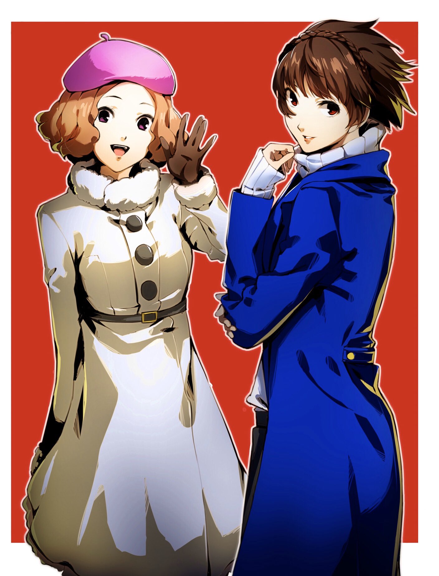 2girls beret blue_coat braid breasts brown_gloves brown_hair coat cowboy_shot crown_braid fur-trimmed_coat fur-trimmed_collar fur-trimmed_sleeves fur_trim gloves hat highres leather leather_gloves lips long_sleeves looking_at_viewer medium_breasts multiple_girls nakano_maru niijima_makoto okumura_haru open_mouth orange_hair persona persona_5 pink_headwear red_background red_eyes ribbed_sweater short_hair simple_background smile sweater turtleneck violet_eyes waving