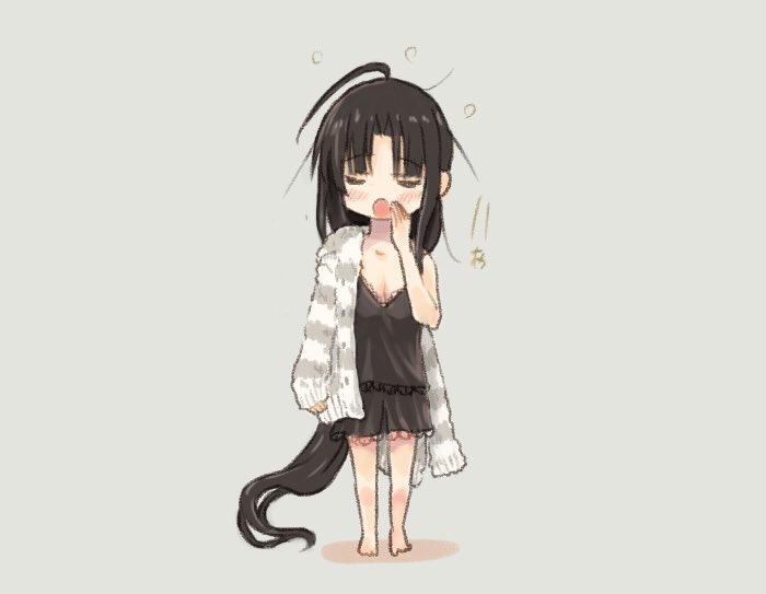 1girl ahoge alternate_costume blush hair_ribbon jacket kantai_collection long_hair messy_hair nightgown otoufu ribbon shouhou_(kantai_collection) simple_background sleepwear sleepy very_long_hair white_background yawning