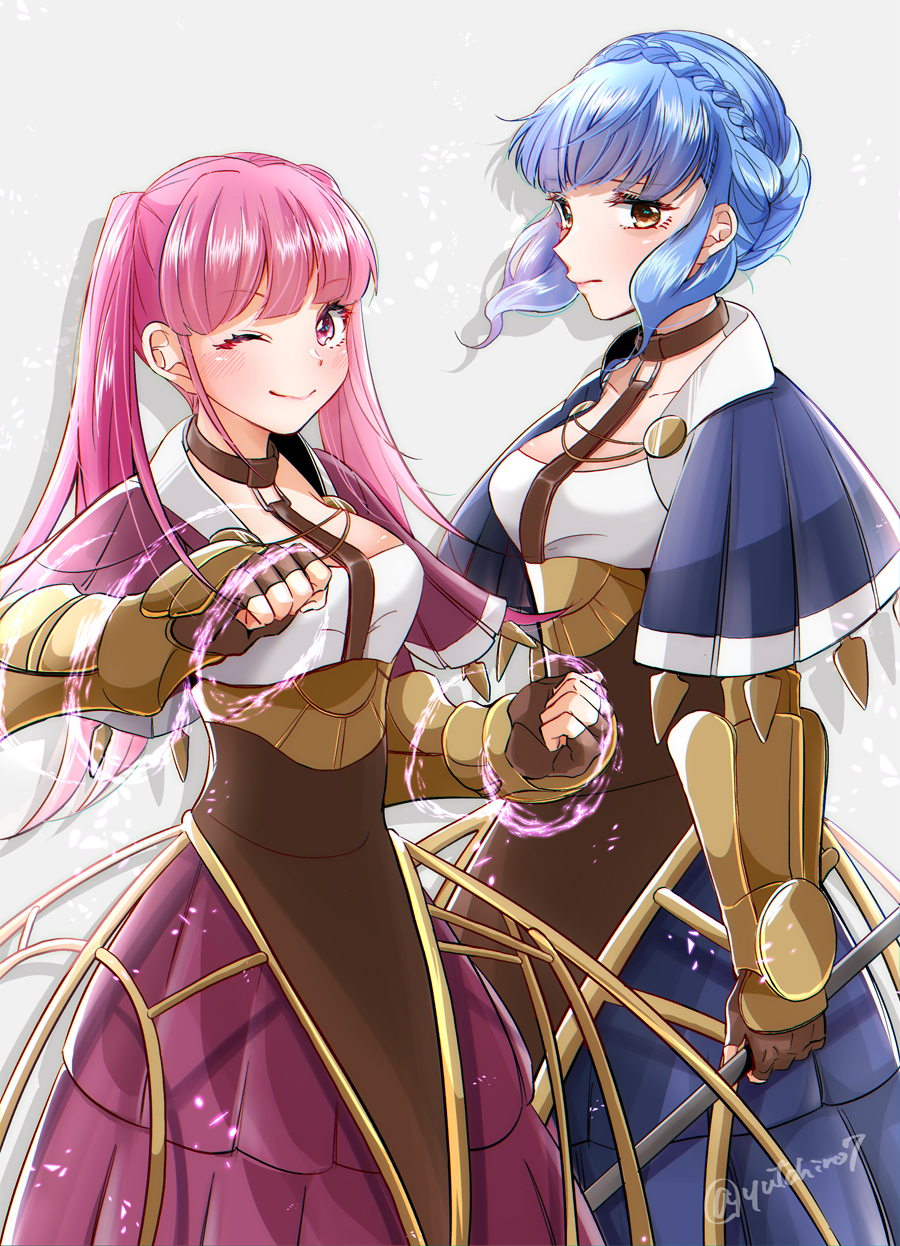 2girls blue_hair braid brown_eyes brown_gloves closed_mouth crown_braid dress fingerless_gloves fire_emblem fire_emblem:_three_houses gloves highres hilda_valentine_goneril long_hair marianne_von_edmund multiple_girls one_eye_closed pink_eyes pink_hair simple_background smile twintails twitter_username white_background yutohiroya