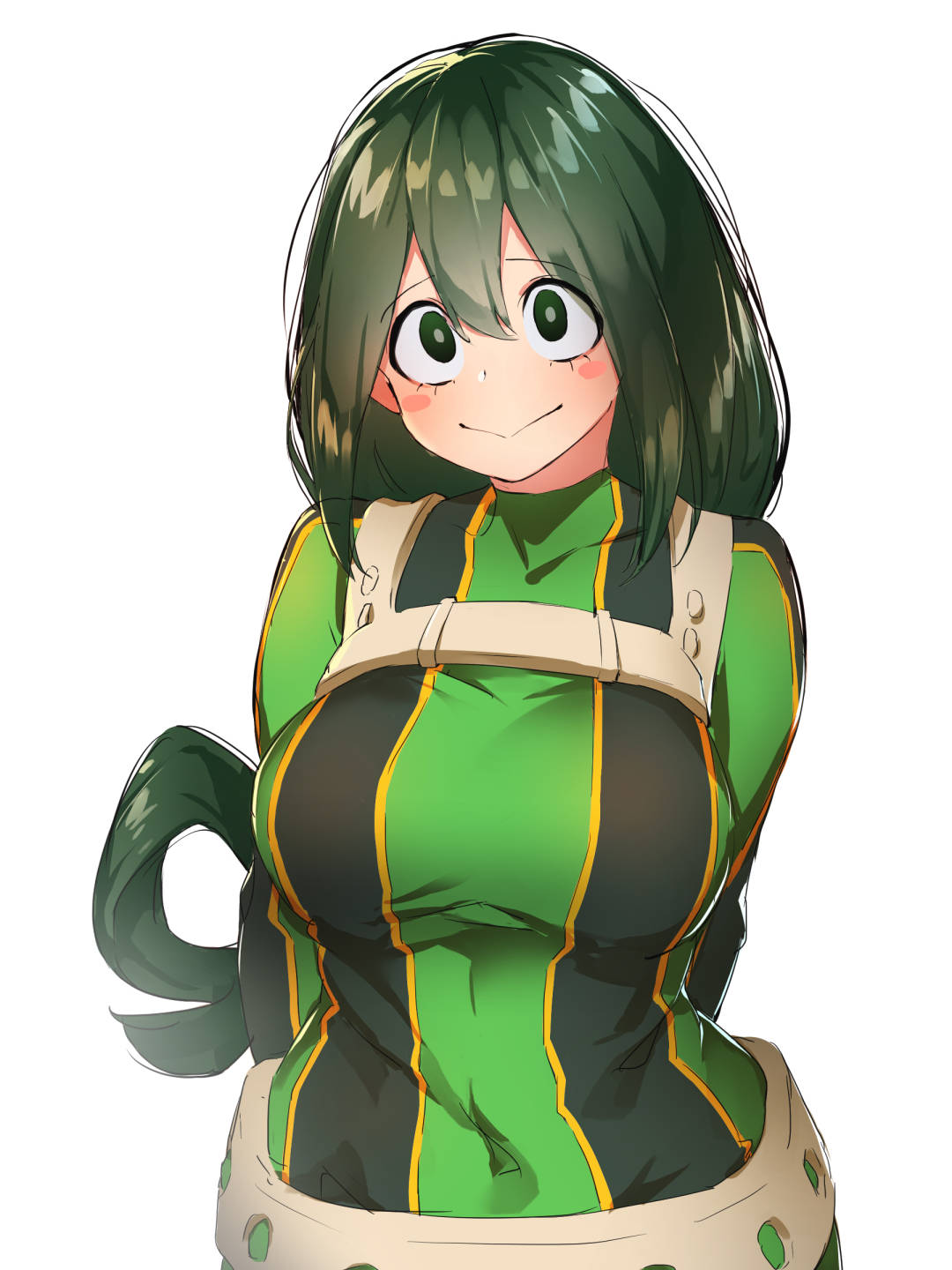 1girl arms_behind_back asui_tsuyu blush_stickers bodysuit boku_no_hero_academia breasts closed_mouth covered_navel green_bodysuit green_eyes green_hair hair_between_eyes highres karan large_breasts long_hair simple_background solo white_background