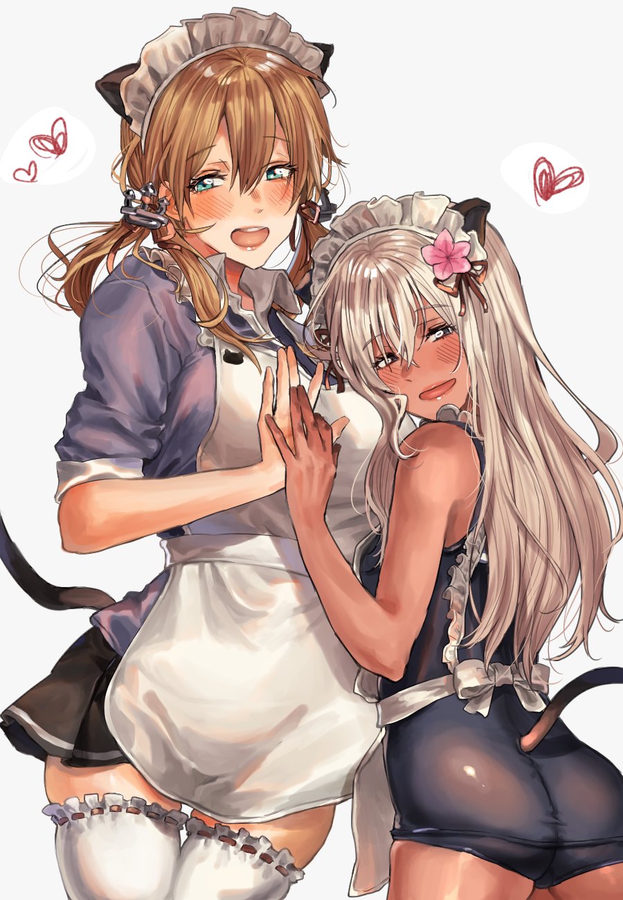 1girl 2girls amakaze animal_ears apron aqua_eyes blonde_hair blue_eyes blush breasts cat_ears cat_tail flower frills hair_flower hair_ornament highres kantai_collection large_breasts long_hair looking_at_viewer low_twintails maid maid_apron maid_headdress multiple_girls open_mouth pleated_skirt prinz_eugen_(kantai_collection) ribbon ro-500_(kantai_collection) sailor_collar school_swimsuit simple_background skirt smile swimsuit tail tan thigh-highs twintails white_background white_legwear